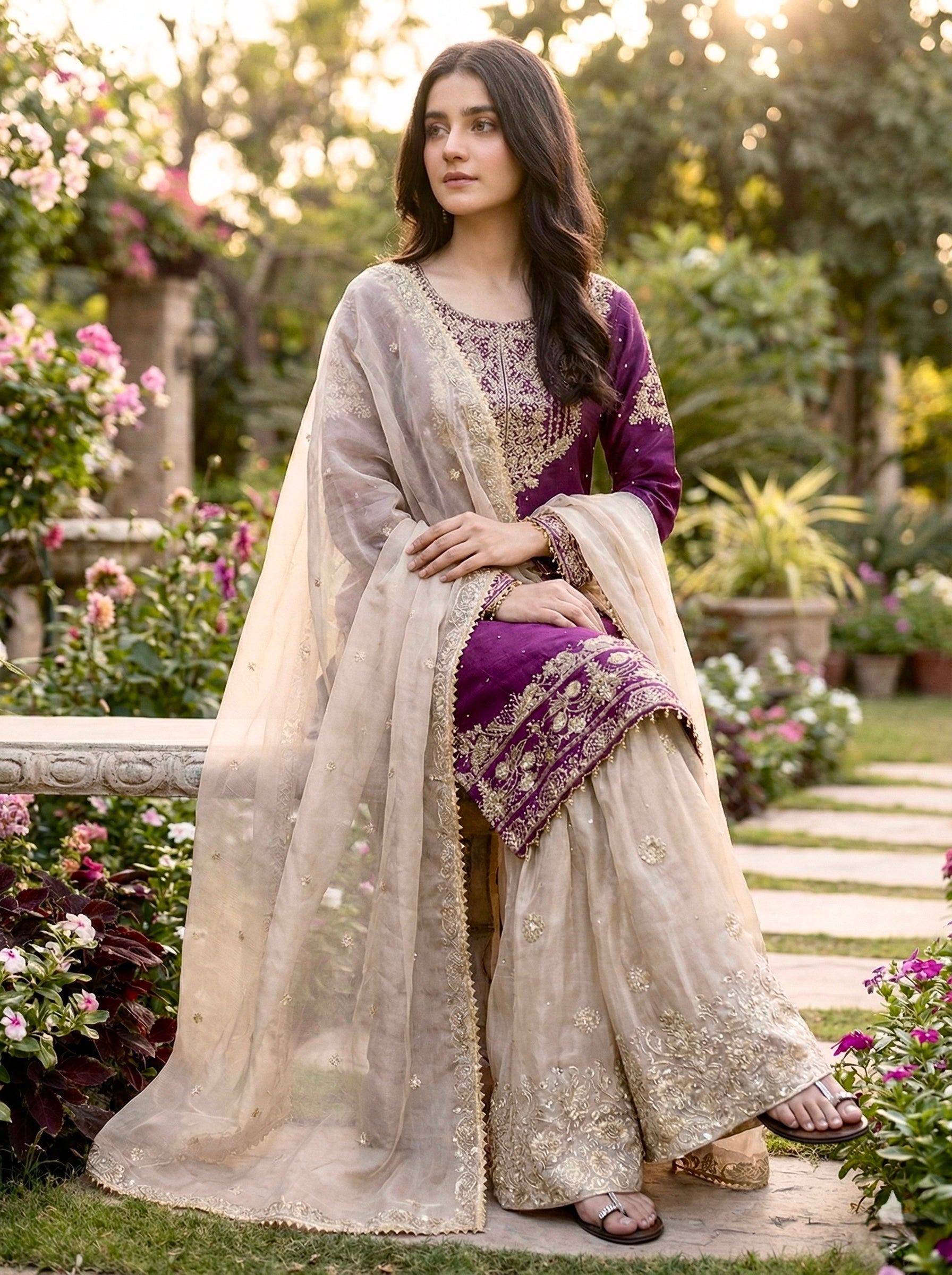 Prazu Fashion Wine Jimmy Silk Embroidery Dori Sequence Palazzo Suit