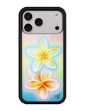 iPhone case with pastel pink, yellow, and blue gradient background featuring plumeria flower illustrations and a black bumper.