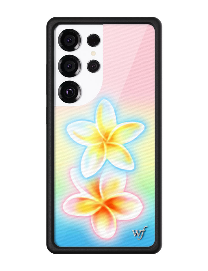 Pastel Plumeria Samsung Galaxy case with tropical flowers on a pink yellow and blue gradient background