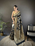 Black soft silk Banarasi saree with intricate Meenakari floral and ethnic motif designs