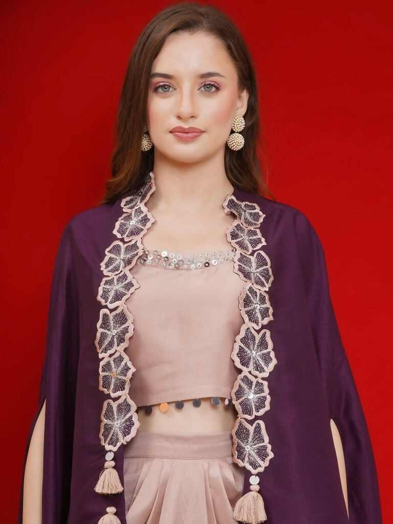 Purple and Rose Gold 3-Piece Skirt Set with Elegant Cape