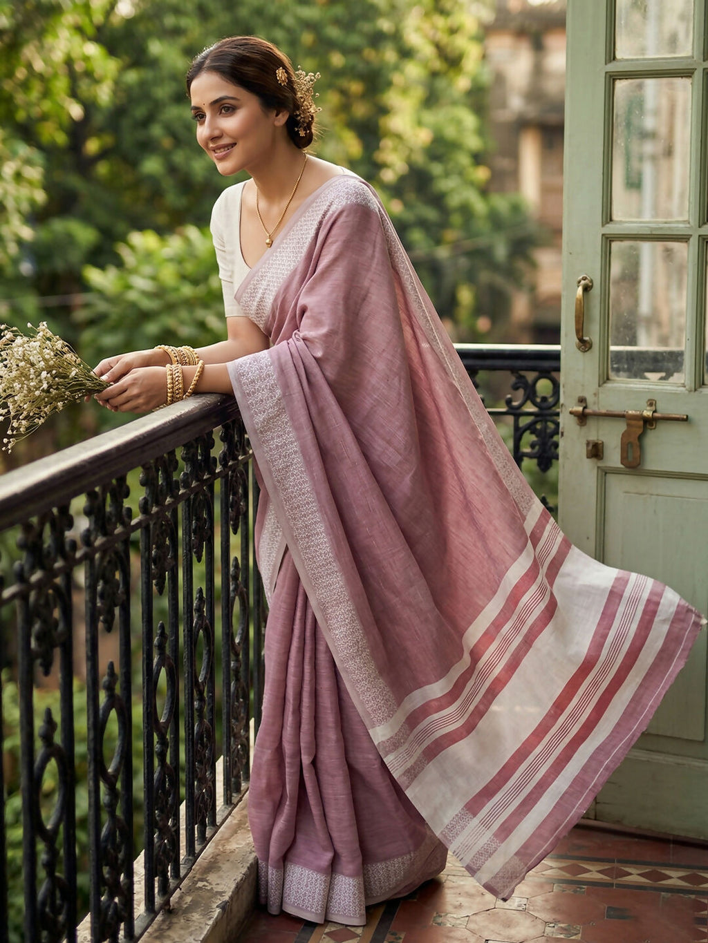Magenta Linen Saree with Matching Blouse Piece