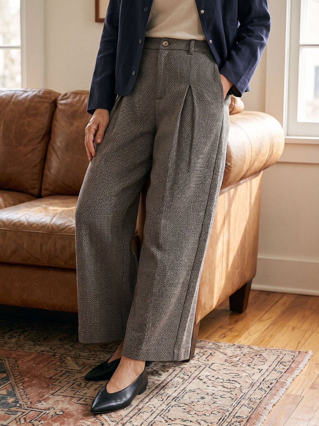 Linen Yarn Dyed Check Pleated Wide Leg Pants DELARA