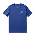 Men's blue crew neck Hawaiian tee with ornate lettering and fish graphic print