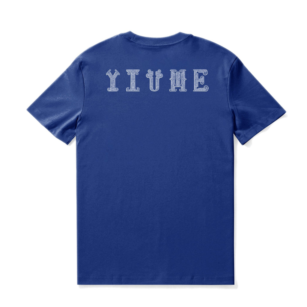 Men's Blue Hawaiian Tee with Fish Motif Crew Neck Cotton Shirt