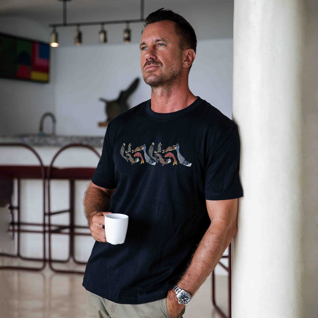 Men's black 100% cotton crew neck t-shirt with detailed aquatic Nishiki graphic on the back.