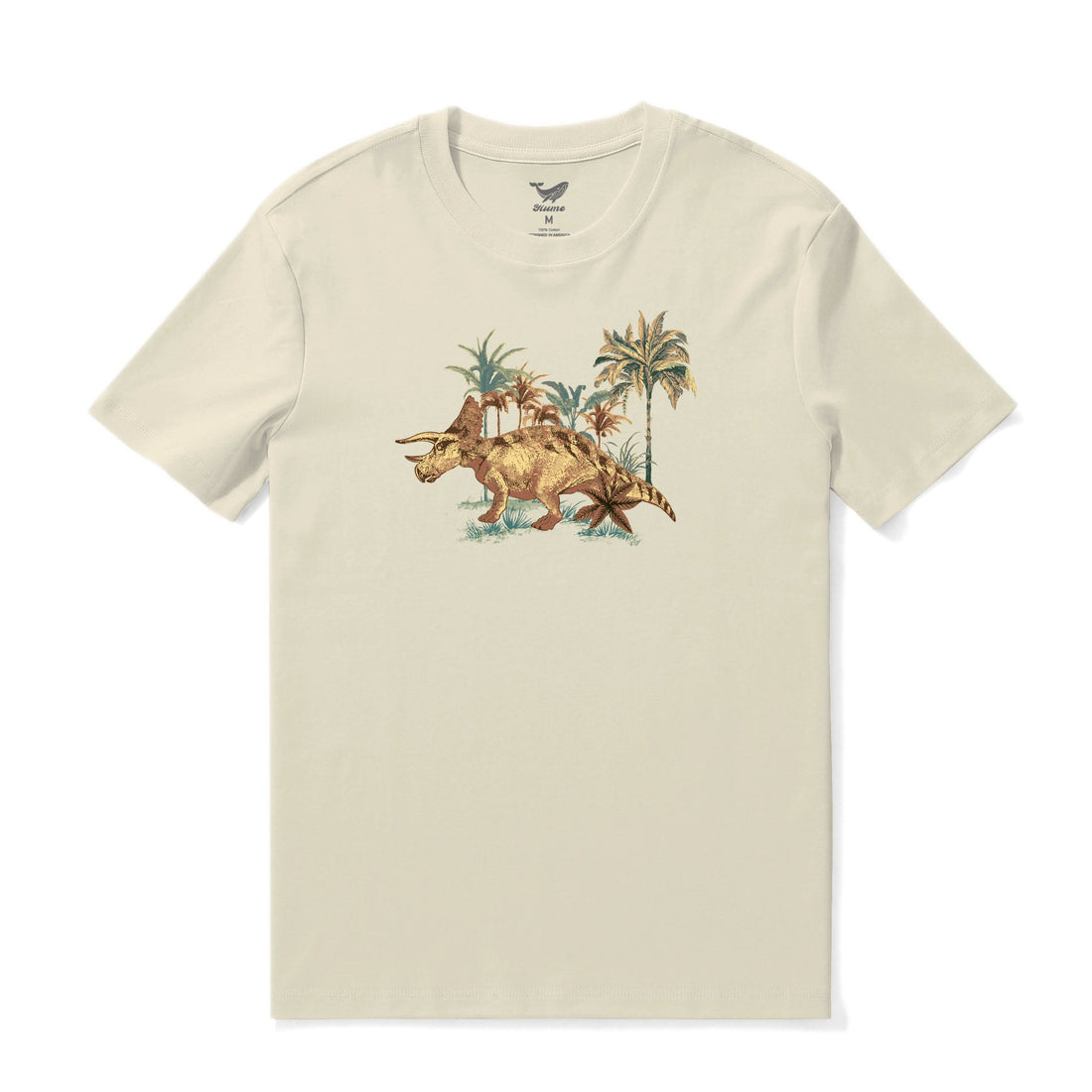 Men's beige crew neck t-shirt featuring a prehistoric dinosaur illustration