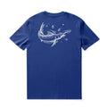 Men's blue crew neck t-shirt featuring a minimalist white line art fish design.