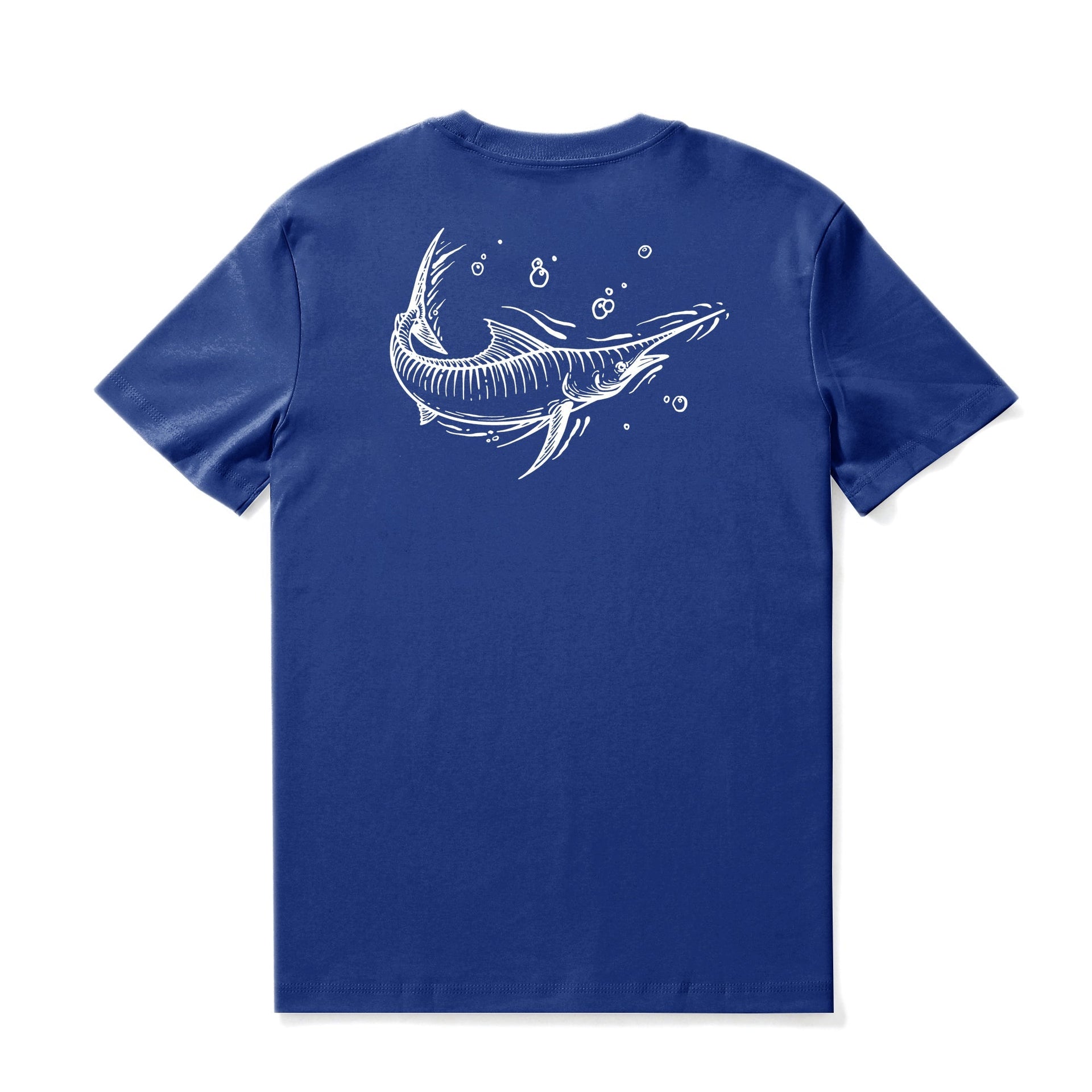 Men's blue crew neck t-shirt featuring a minimalist white line art fish design.