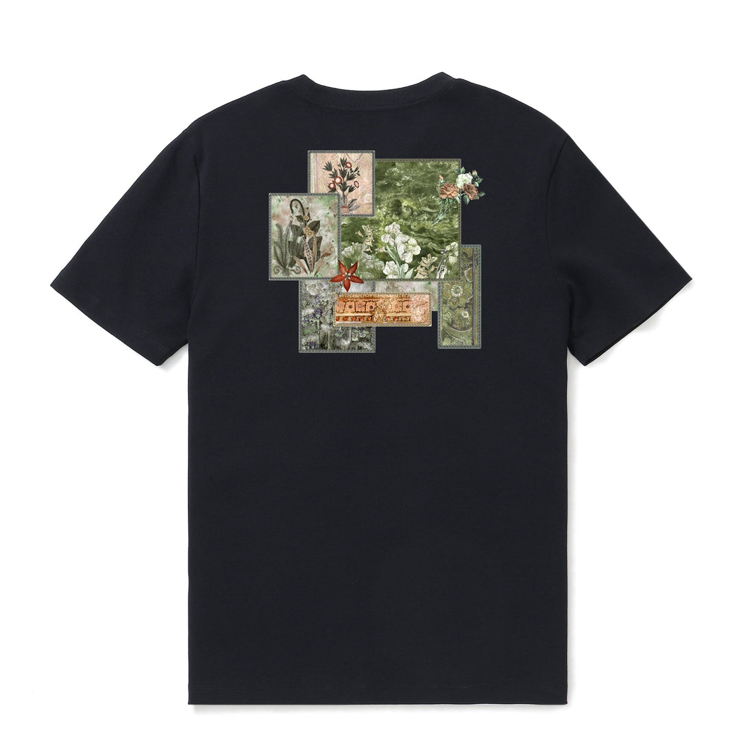 Black crew neck t-shirt with a multi-color vintage botanical garden patch graphic