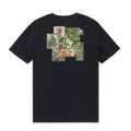 Black crew neck t-shirt with a multi-color vintage botanical garden patch graphic