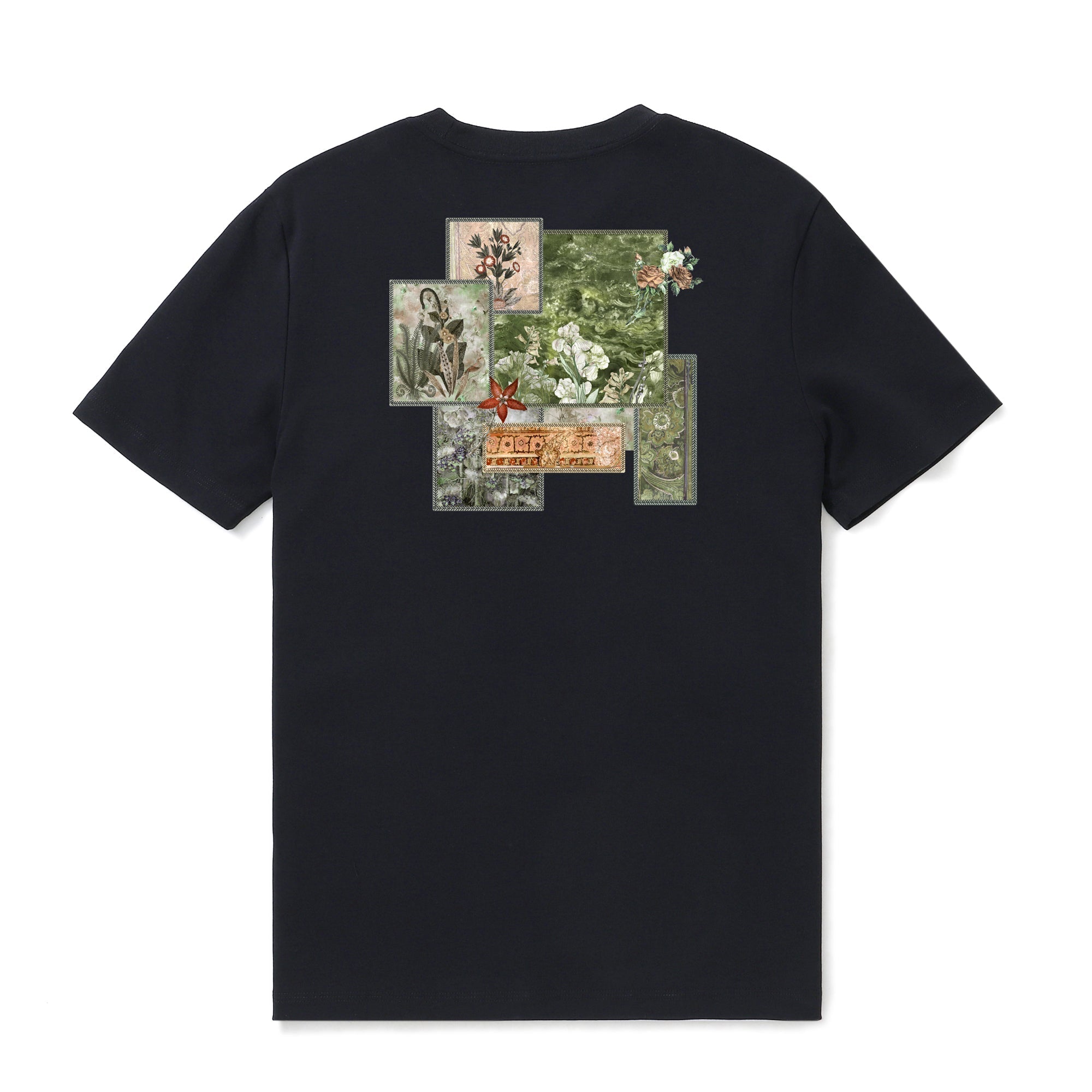 Black crew neck t-shirt with a multi-color vintage botanical garden patch graphic