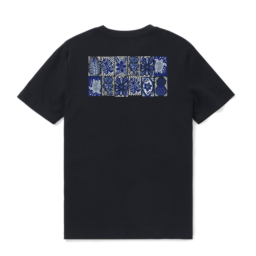 Men's black t-shirt with a colorful, tropical-inspired geometric totem design.