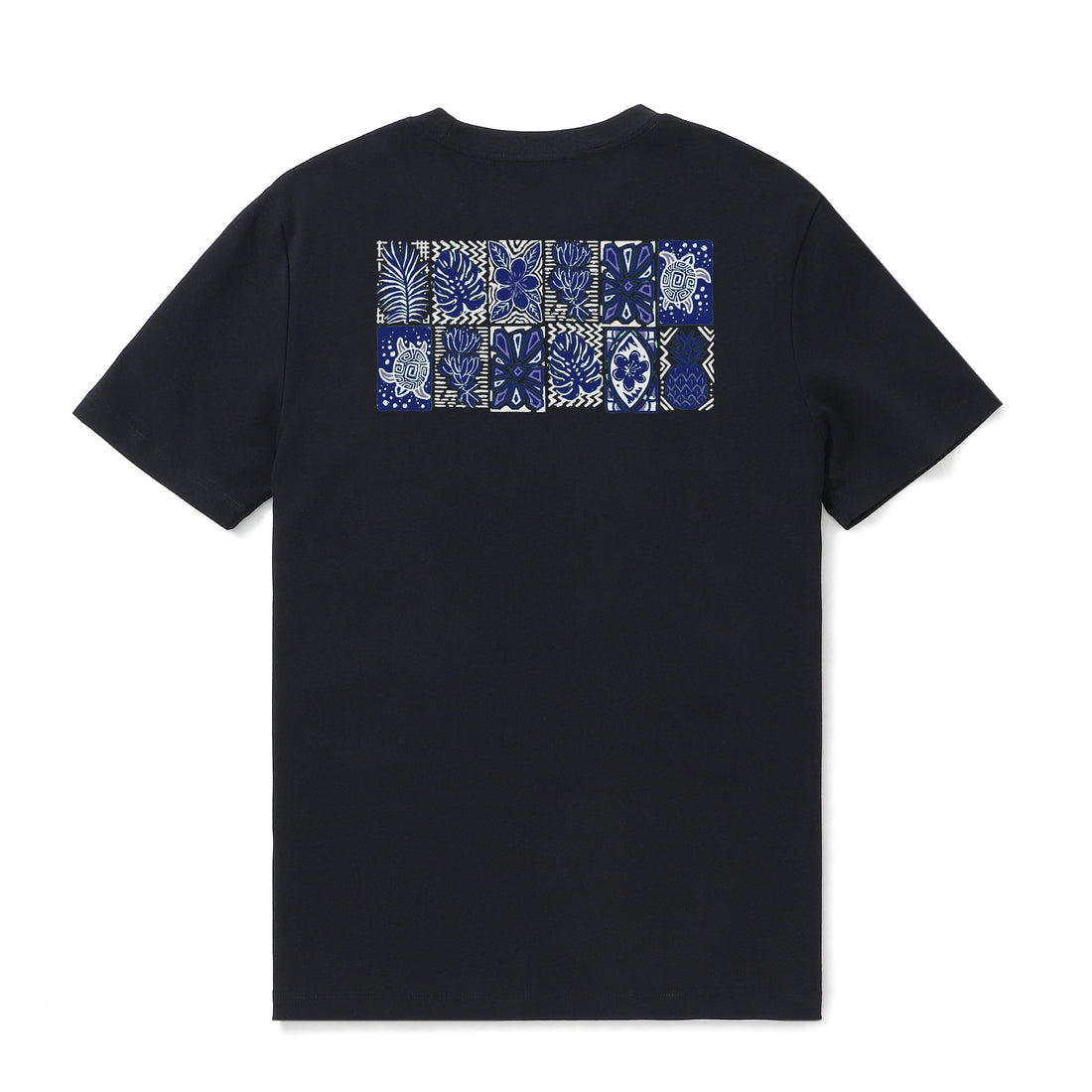 Men's black t-shirt with a colorful, tropical-inspired geometric totem design.