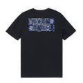 Men's black t-shirt with a colorful, tropical-inspired geometric totem design.