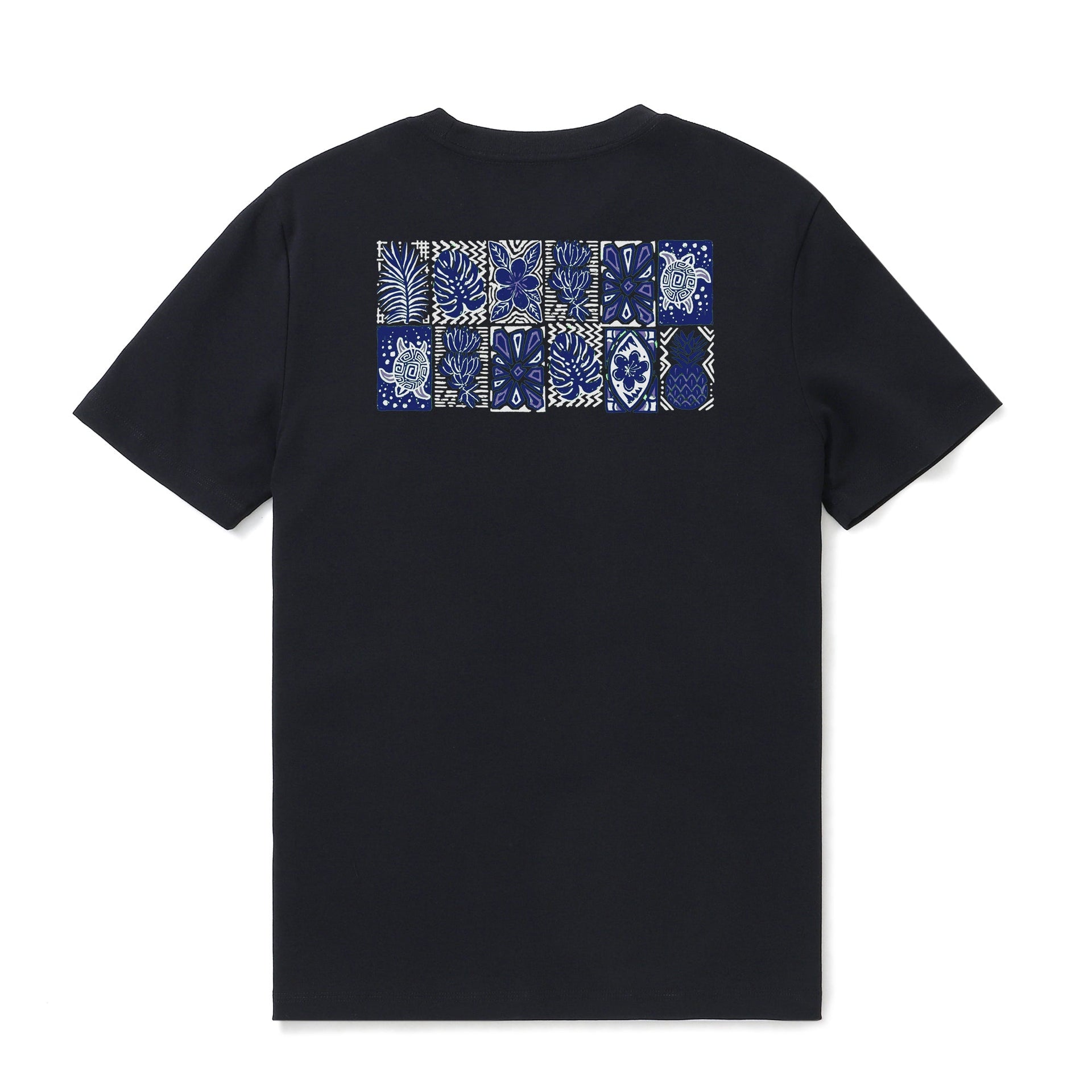 Men's black t-shirt with a colorful, tropical-inspired geometric totem design.