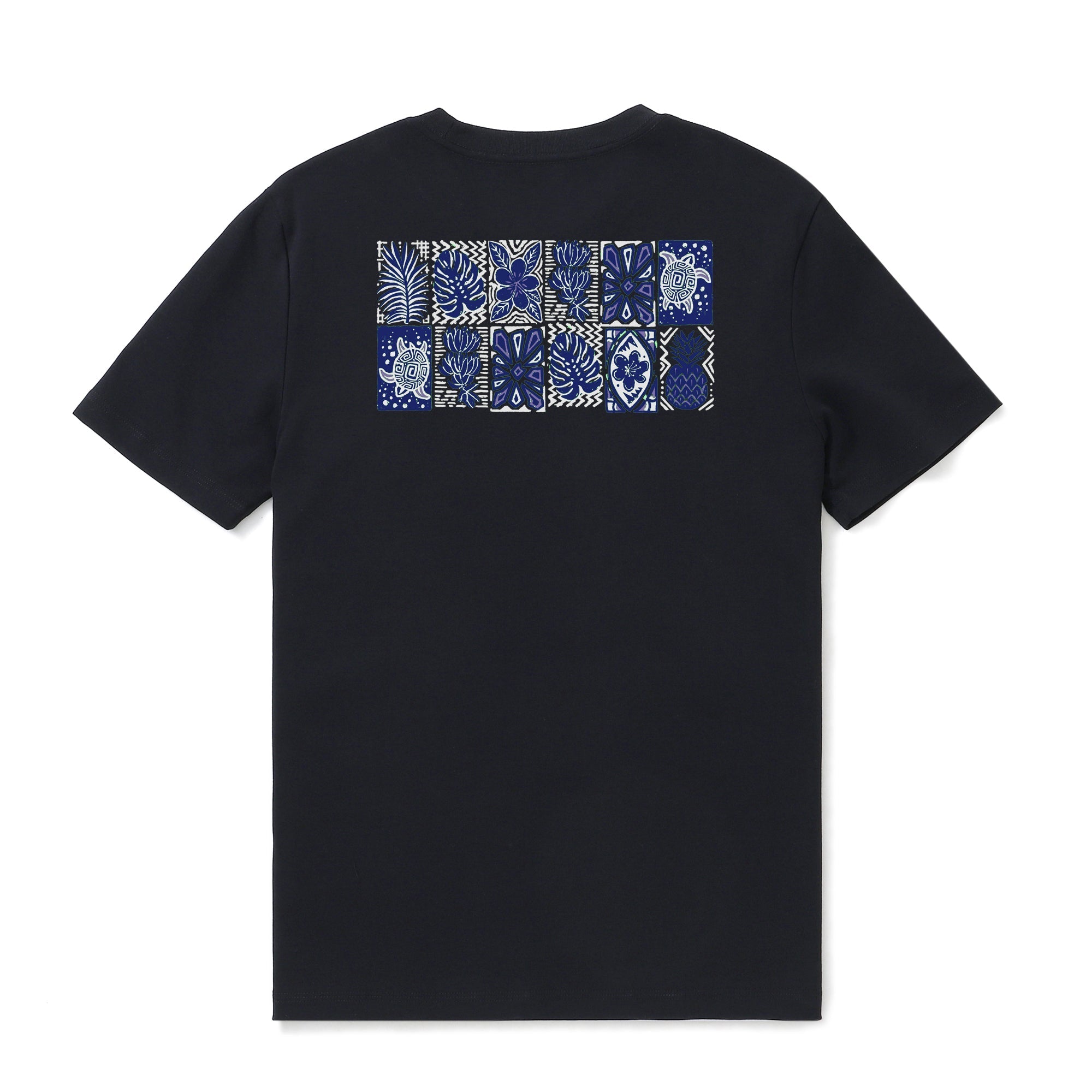 Men's black t-shirt with a colorful, tropical-inspired geometric totem design.