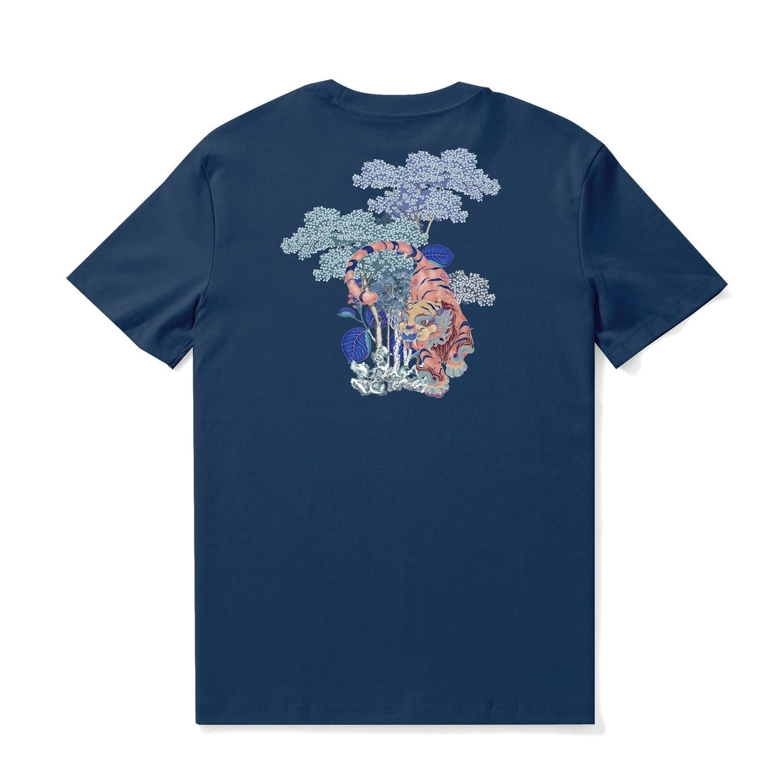 Men's navy blue crew neck t-shirt with a detailed tiger, pine, and crane graphic design.