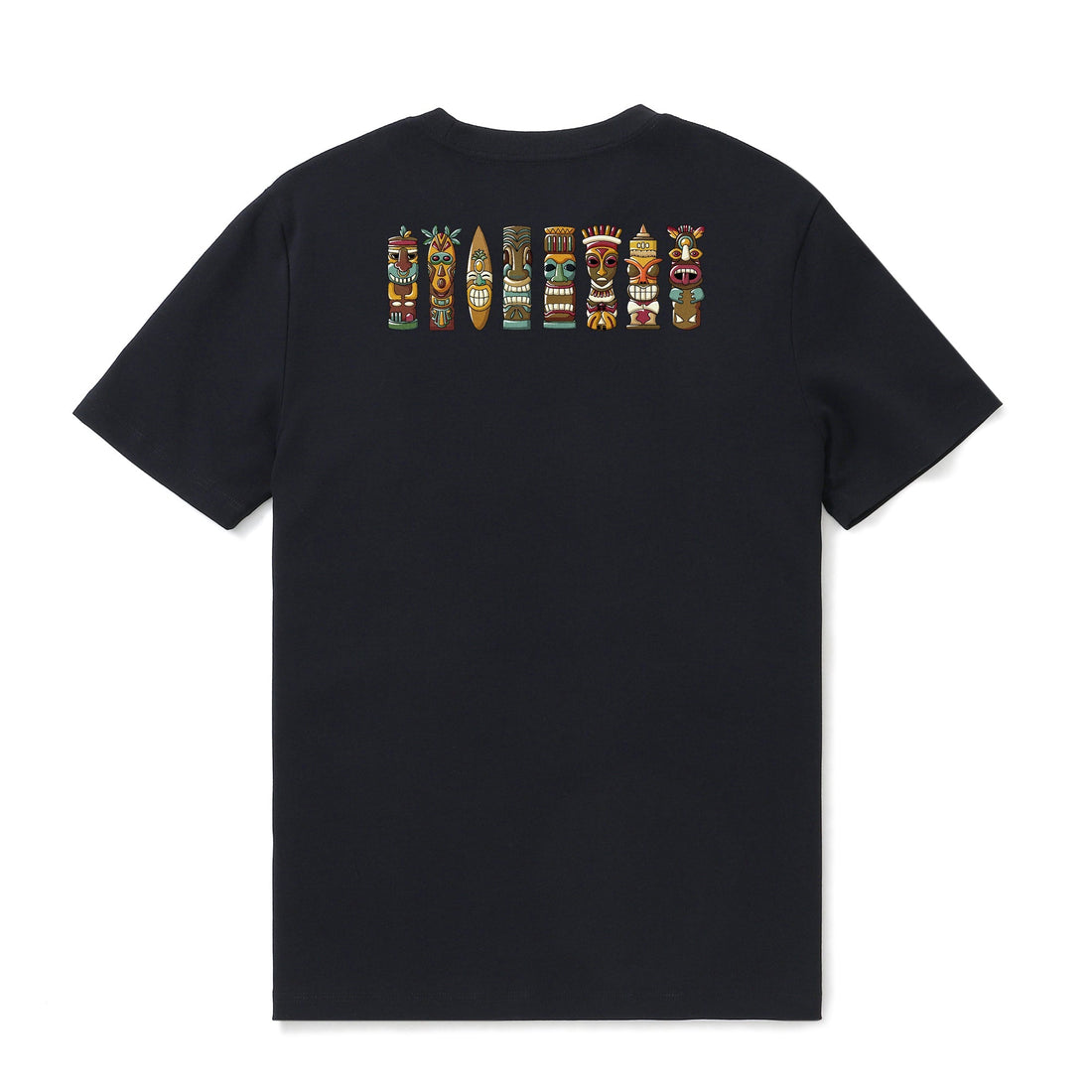 Men's crew neck t-shirt featuring a detailed Tiki carving graphic print.