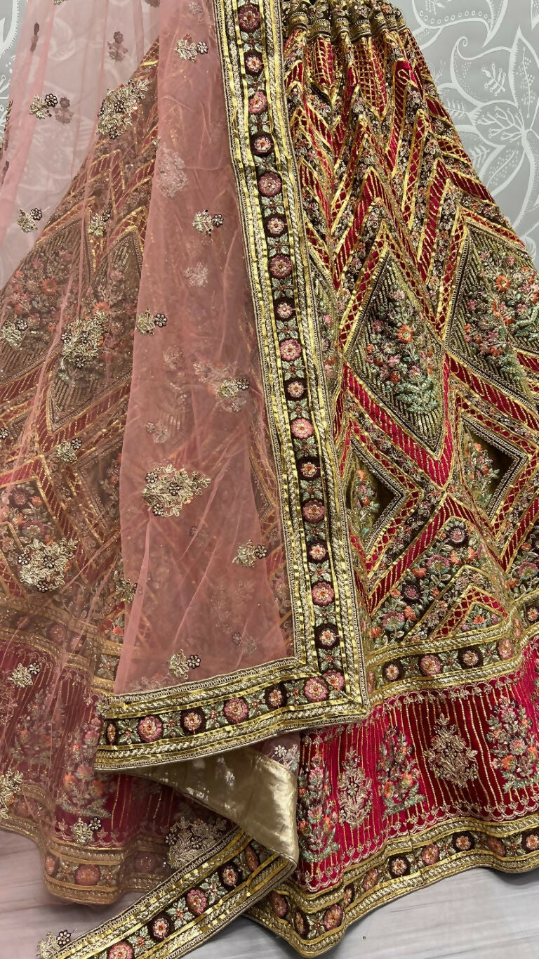 Pista Green Velvet Wedding Lehenga Choli with Gotta & Diamond