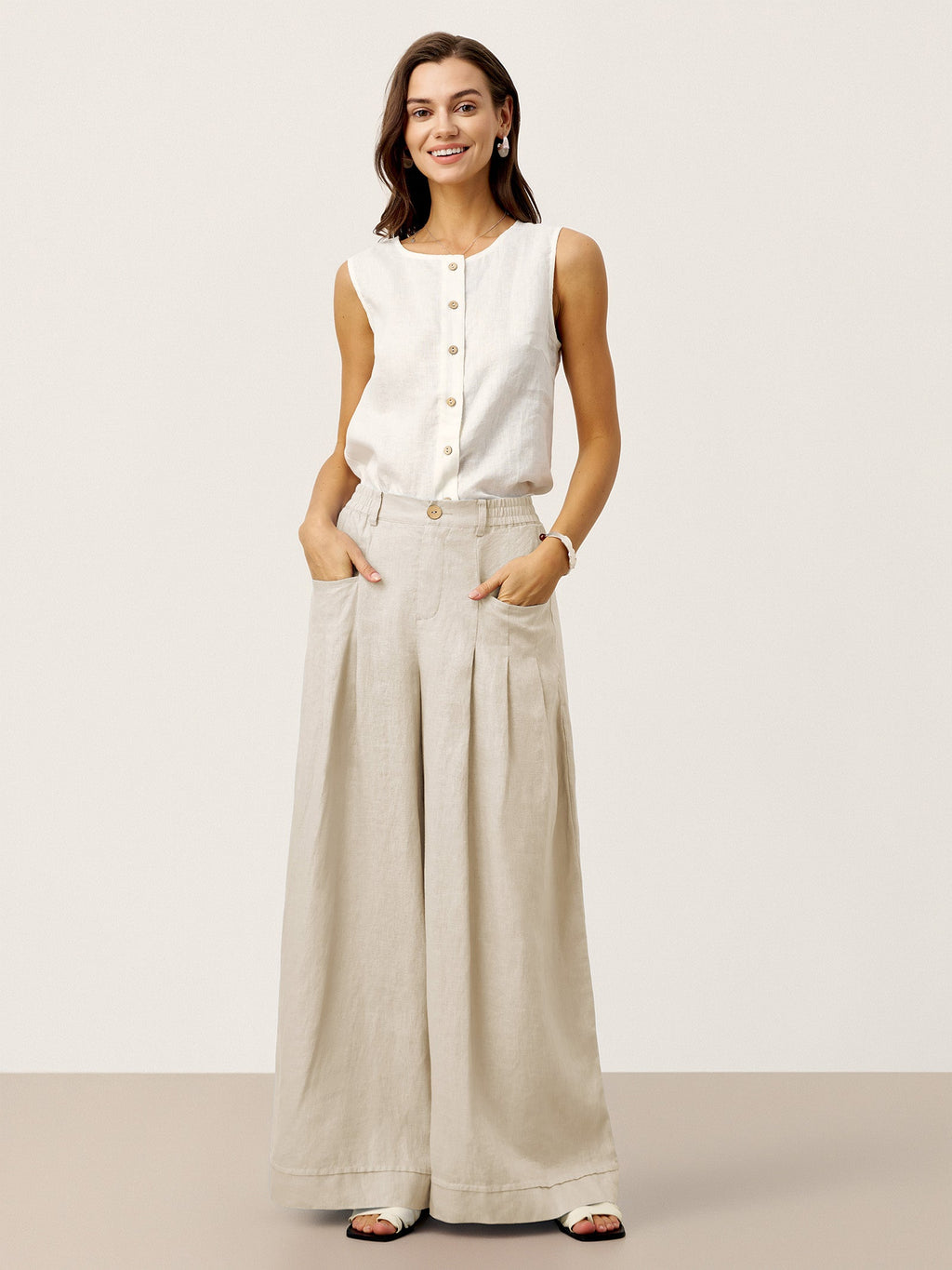 100% Linen Sculpted Pleat Pants with Elasticated Back
