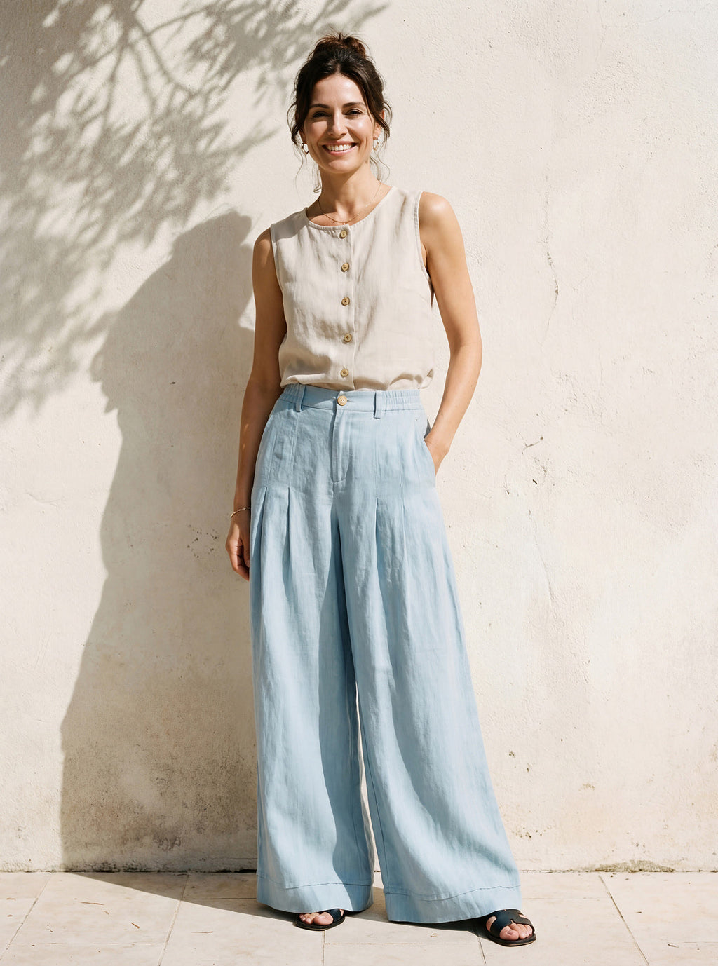 100% Linen Sculpted Pleat Pants with Elasticated Back