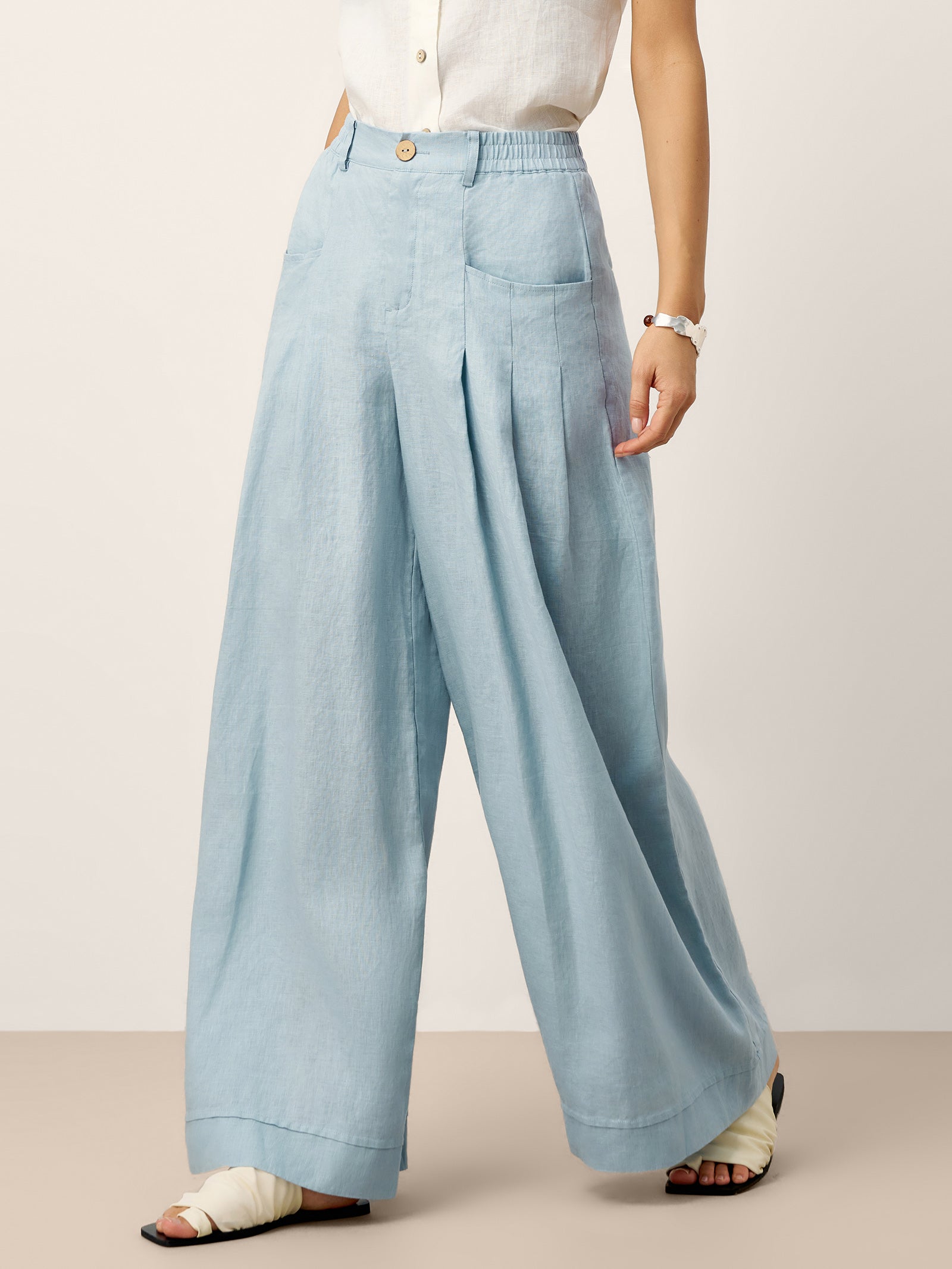 100% Linen Sculpted Pleat Pants with Elasticated Back