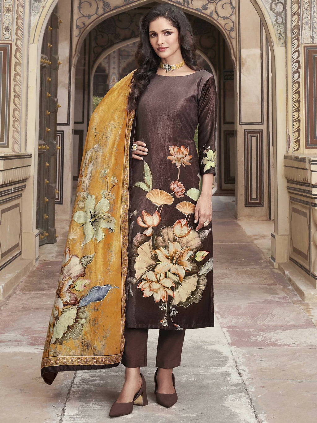 Women's Brown Velvet Floral Digital Print Straight Kurta Set