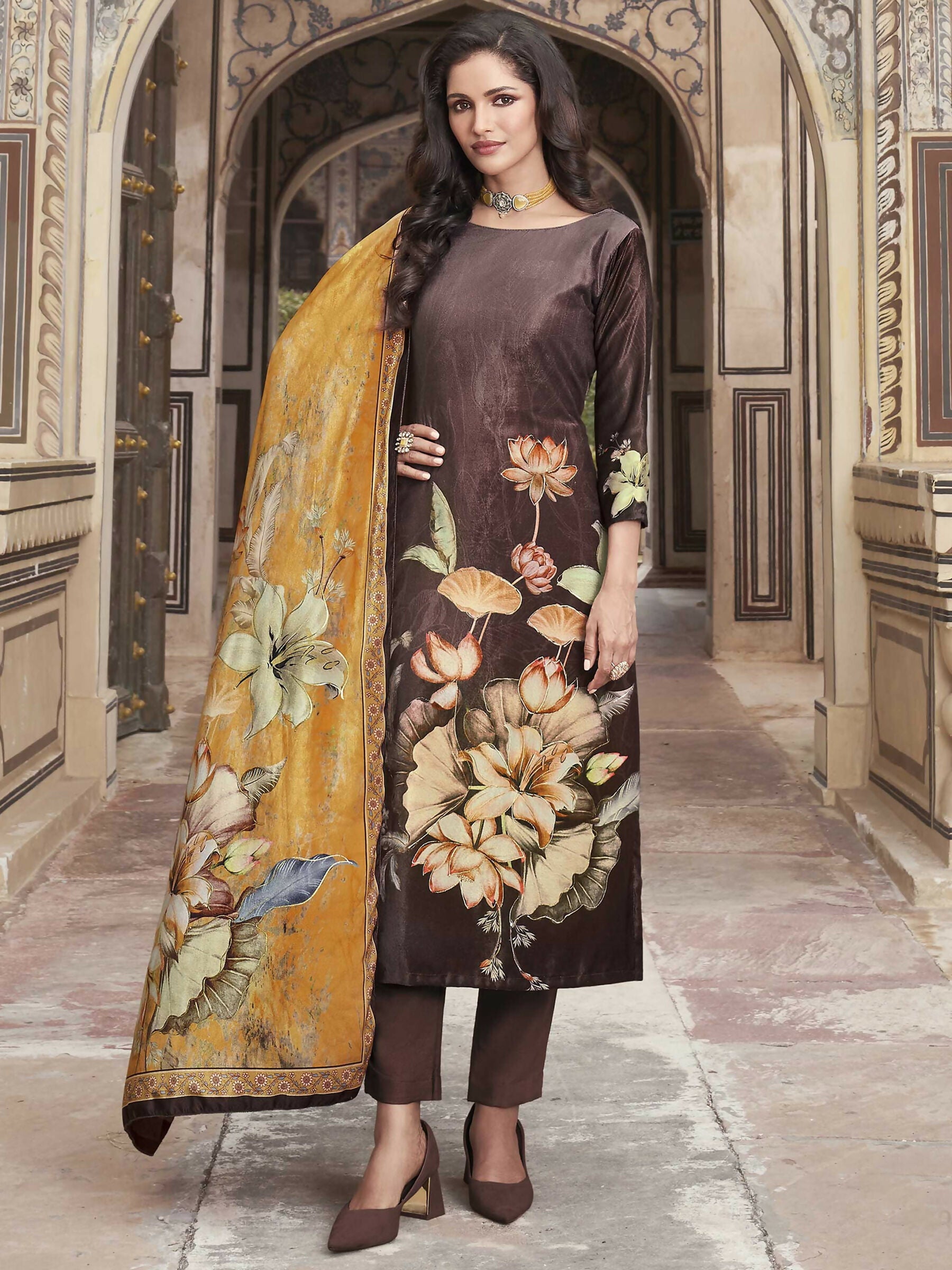 Women's Brown Velvet Floral Digital Print Straight Kurta Set