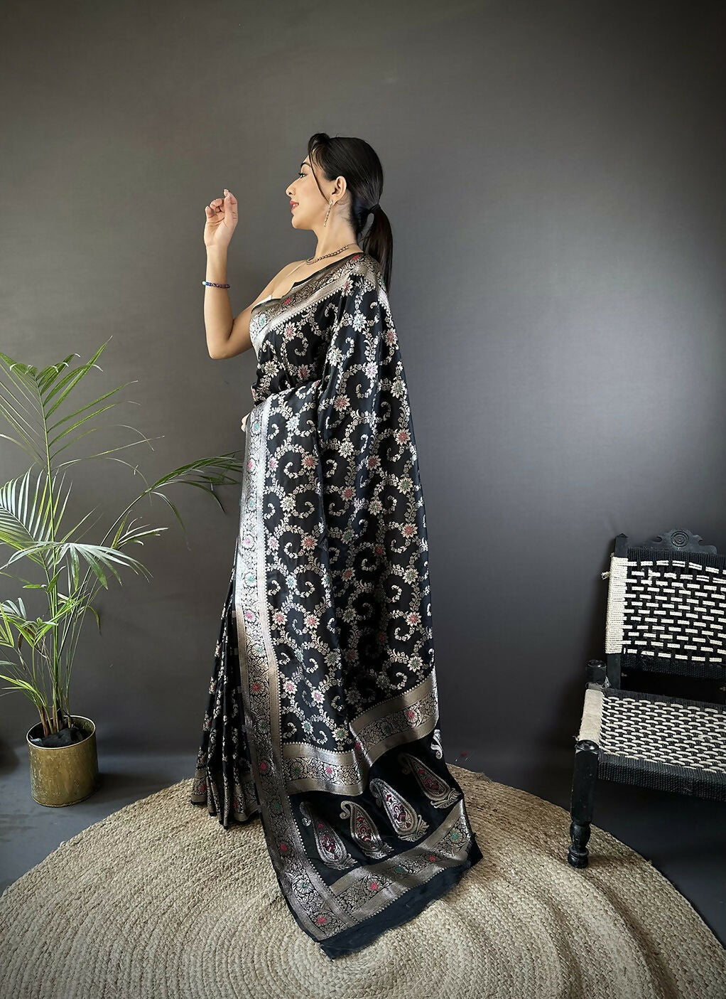 Black Meenakari Banarasi Silk Saree with Unstitched Blouse