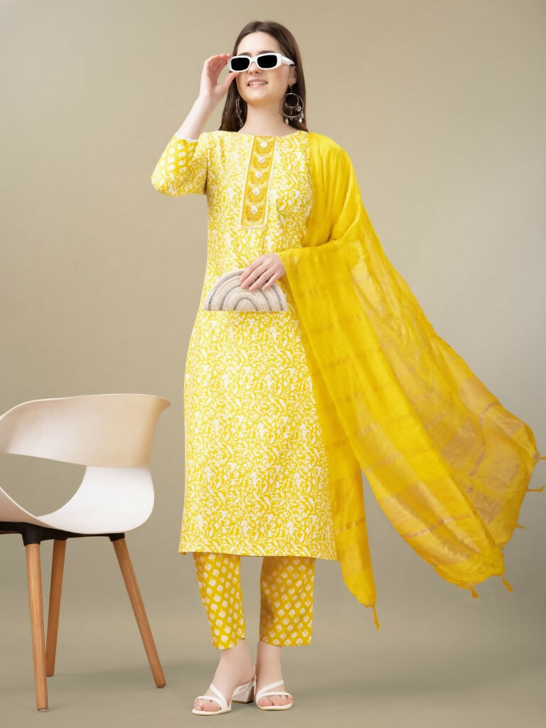 Women's Yellow Rayon Embroidered Straight Kurta with Trouser & Dupatta