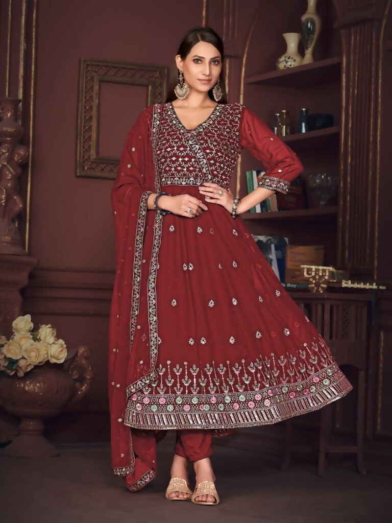 Maroon Georgette Embroidered Anarkali Kurta Pant Set with Dupatta