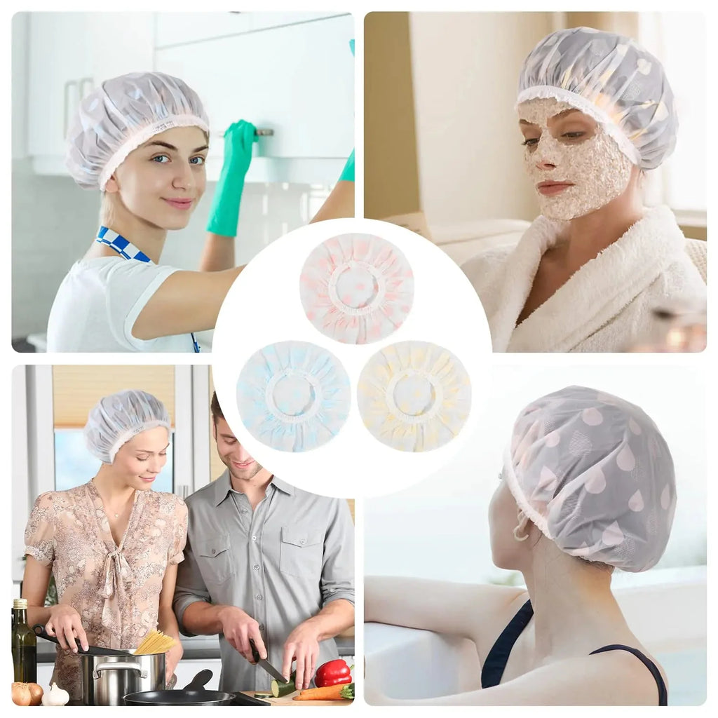 Waterproof Shower Caps, 3 Pcs Plastic Reusable Shower Caps Elastic Band Bath Caps for Women Ladies Spa Salon F
