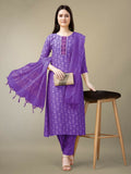 Women's purple rayon straight kurta featuring sequence embroidery with matching bottoms and dupatta