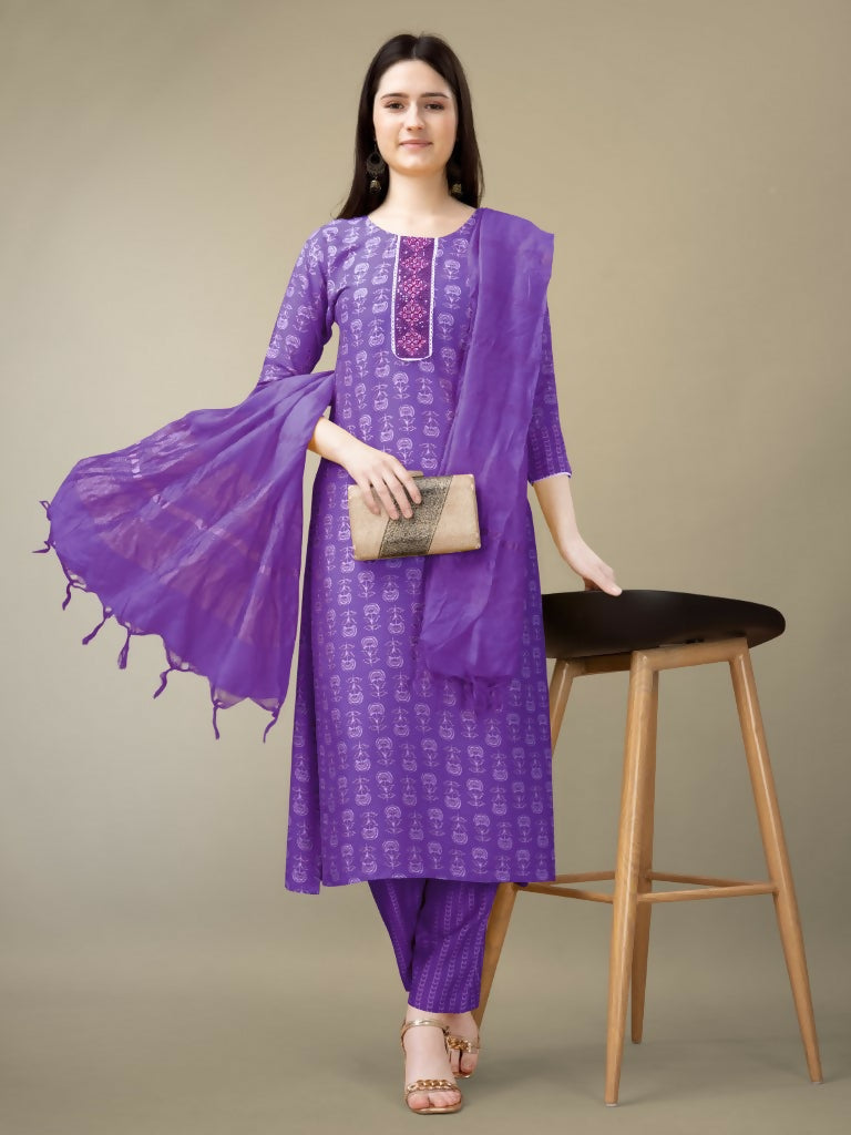Women's purple rayon straight kurta featuring sequence embroidery with matching bottoms and dupatta