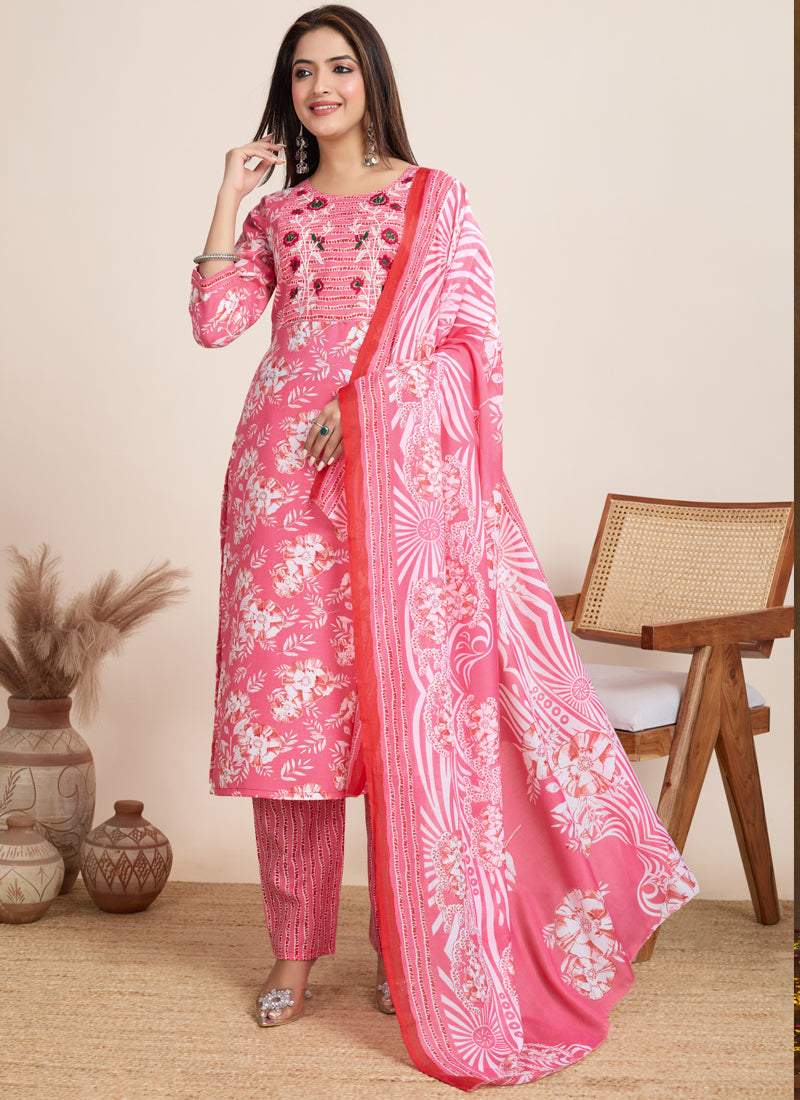 Light pink printed cotton blend salwar suit for women festive wear