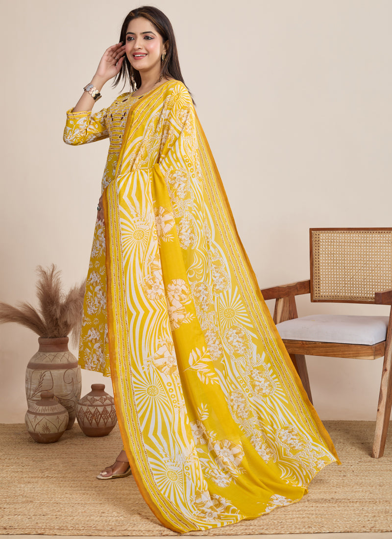 Yellow Printed Cotton Blend Festival Wear Salwar Suit Set