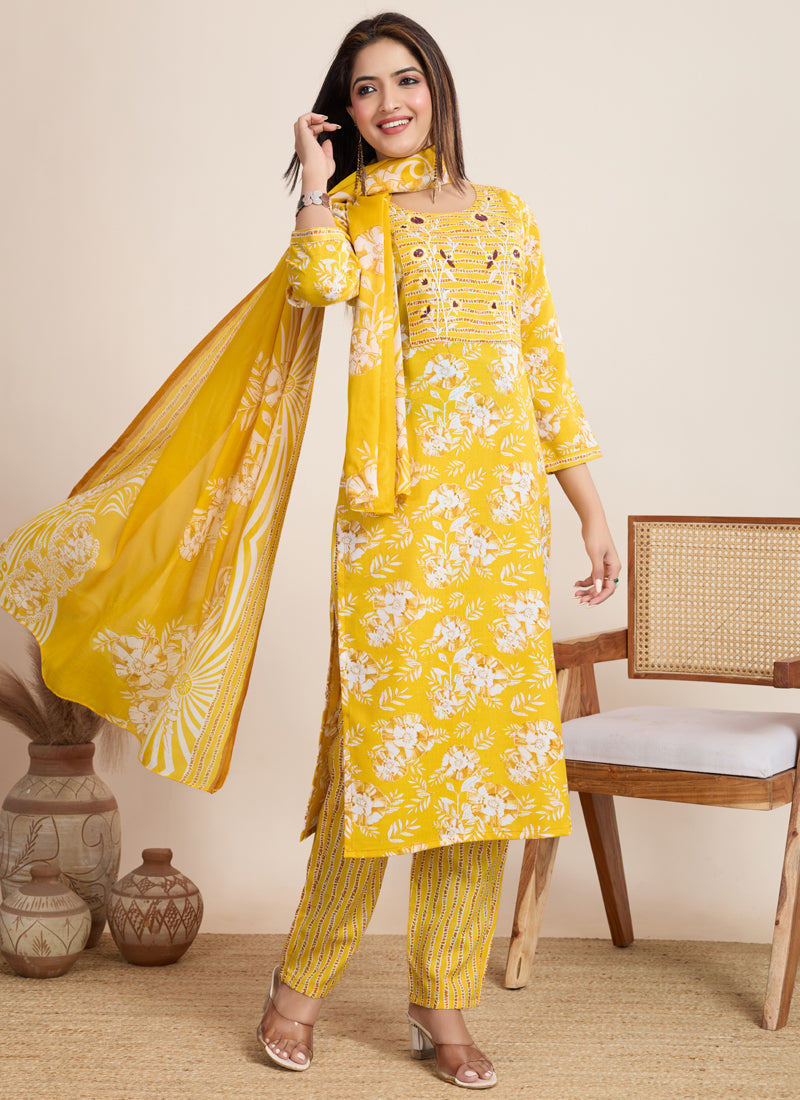 Yellow Printed Cotton Blend Festival Wear Salwar Suit Set