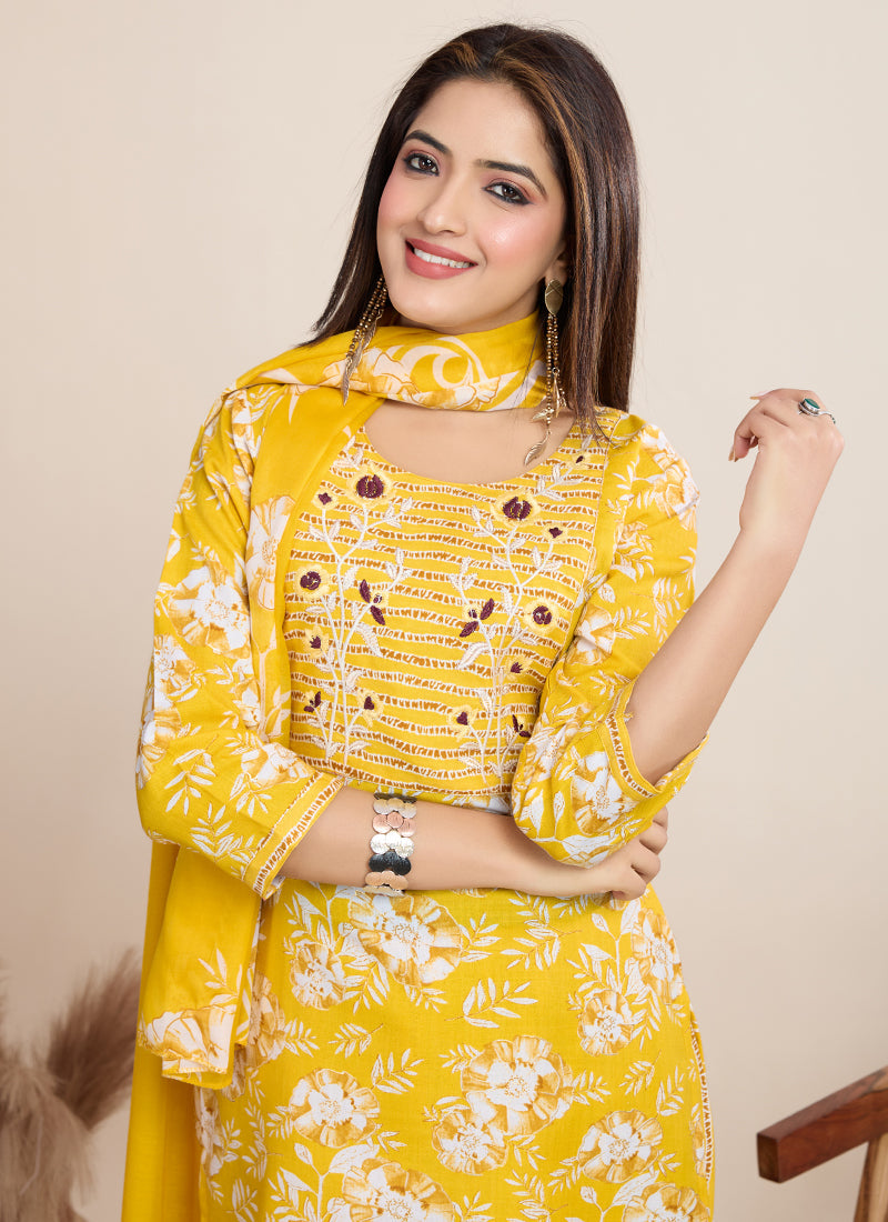 Yellow Printed Cotton Blend Festival Wear Salwar Suit Set