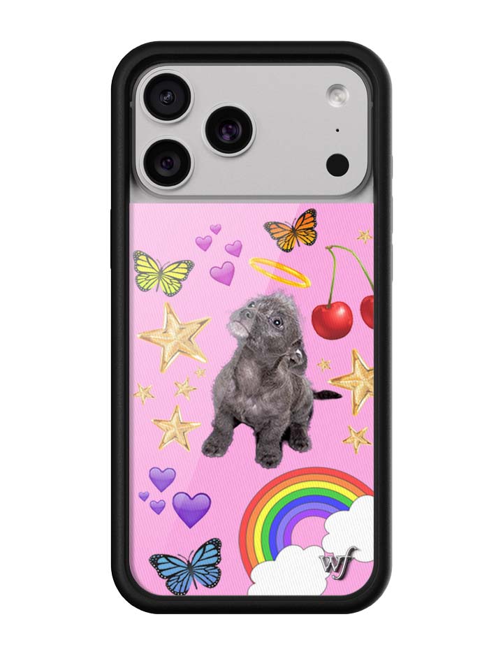 iPhone case featuring a cute puppy graphic against a bright pink background with cherries, stars, rainbows, and butterflies, framed by a black protective bumper.