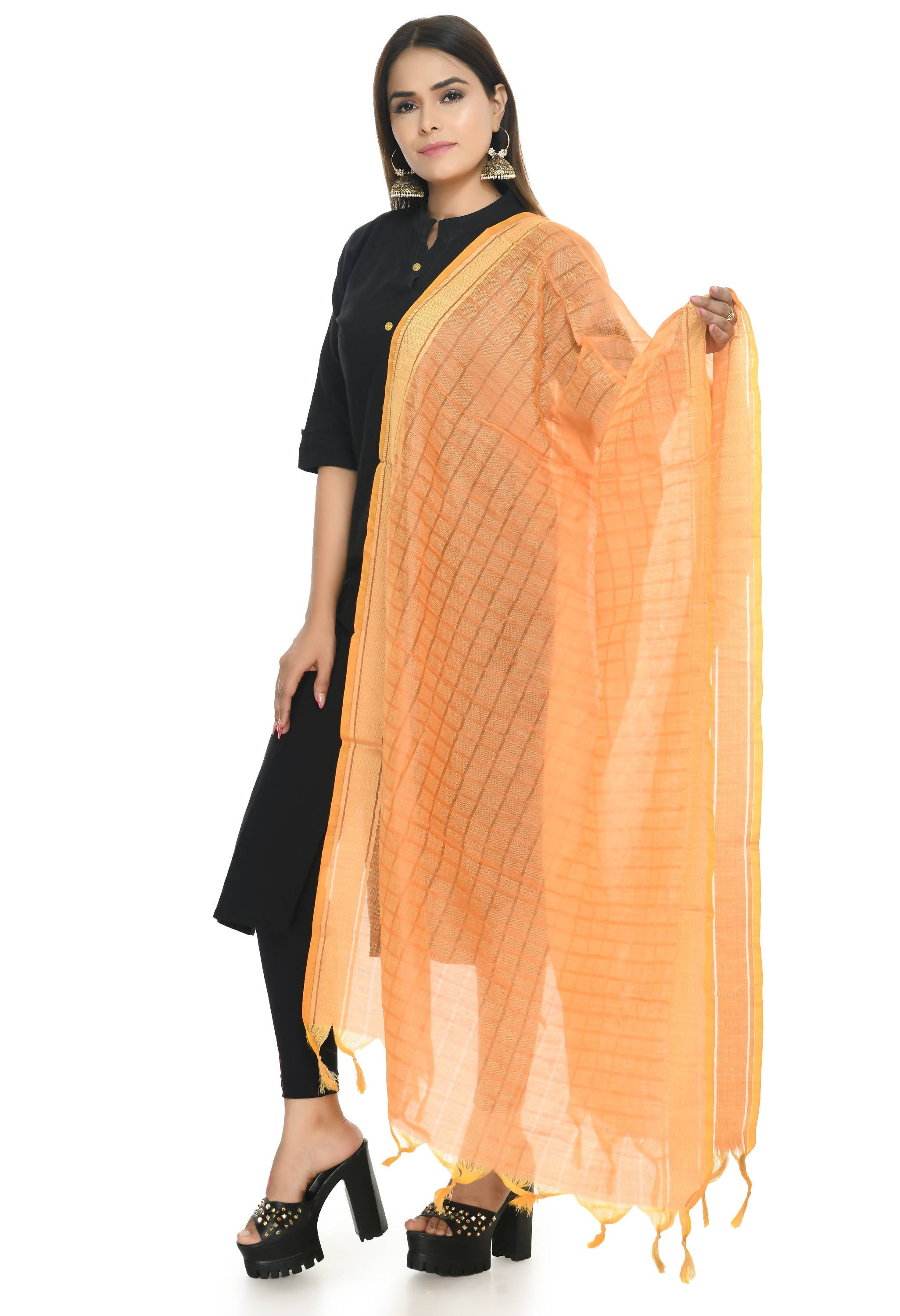 Light Orange Handloom Cotton Dupatta - Vibrant Ethnic Accent