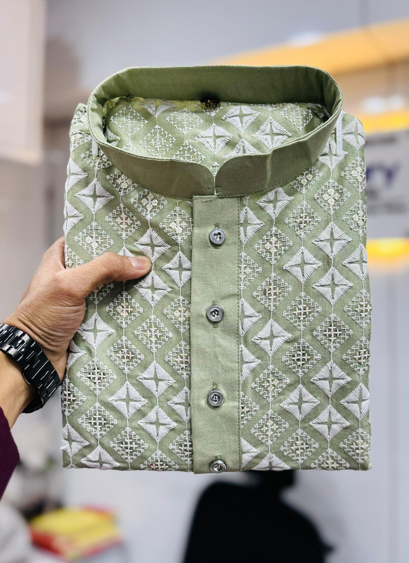 Light Pista Silk Kurta for Men with Geometric Thread Embroidery