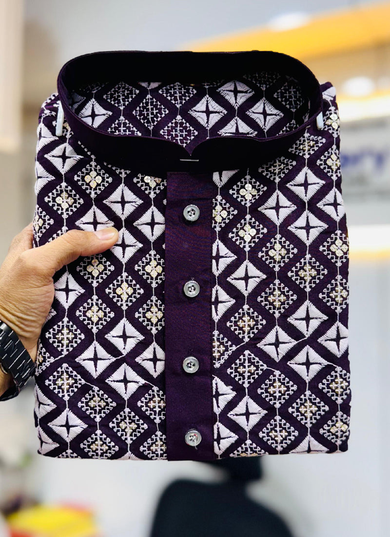 Wine Silk Kurta with Embroidered Thread Work for Men