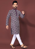 Men's wine-colored silk kurta with intricate thread work embroidery