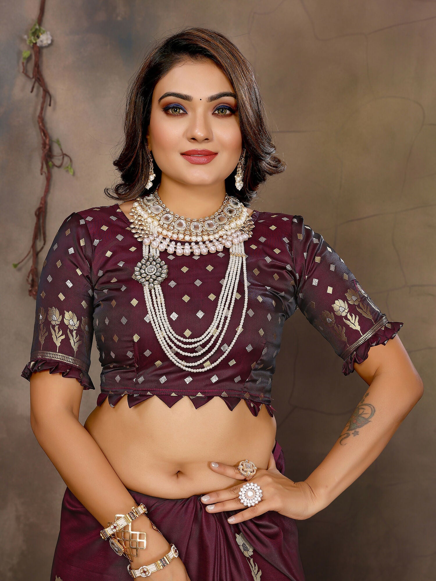 Maroon Floral and Botanical Motif Satin Silk Banarasi Saree