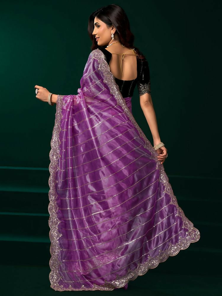 Lavender Net Party Wear Saree with Contrast Black Velvet Blouse