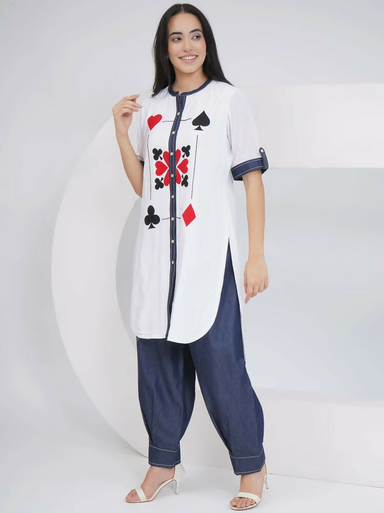 Joban Fashion White Rayon Crepe Applique Embroidered Shirt with Afghani Pants