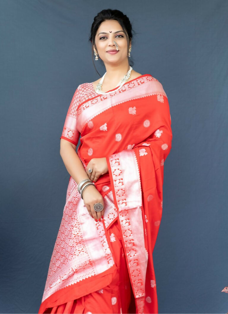 Red Soft Banarasi Silk Saree with Classic Zari Woven Border