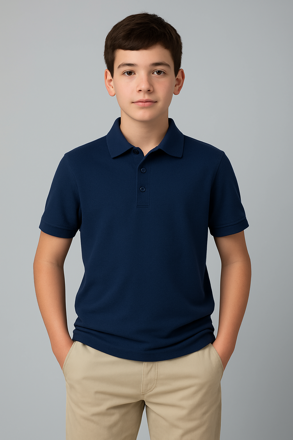 Close up of a classic short sleeve pique polo shirt for children in a breathable cotton blend fabric.