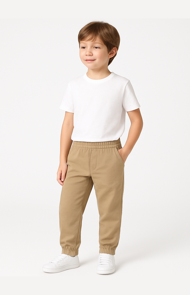 Close-up of boys twill jogger pants in a slim-fit cut for school and casual wear